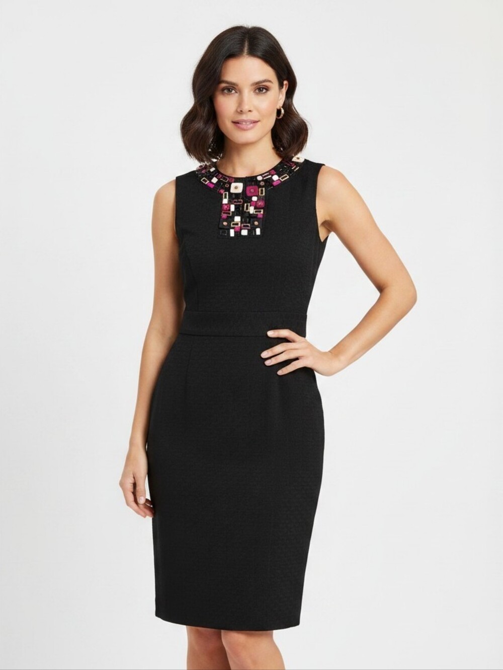 Milly Navy Blue Beaded Neckline Sleeveless Sheath Dress